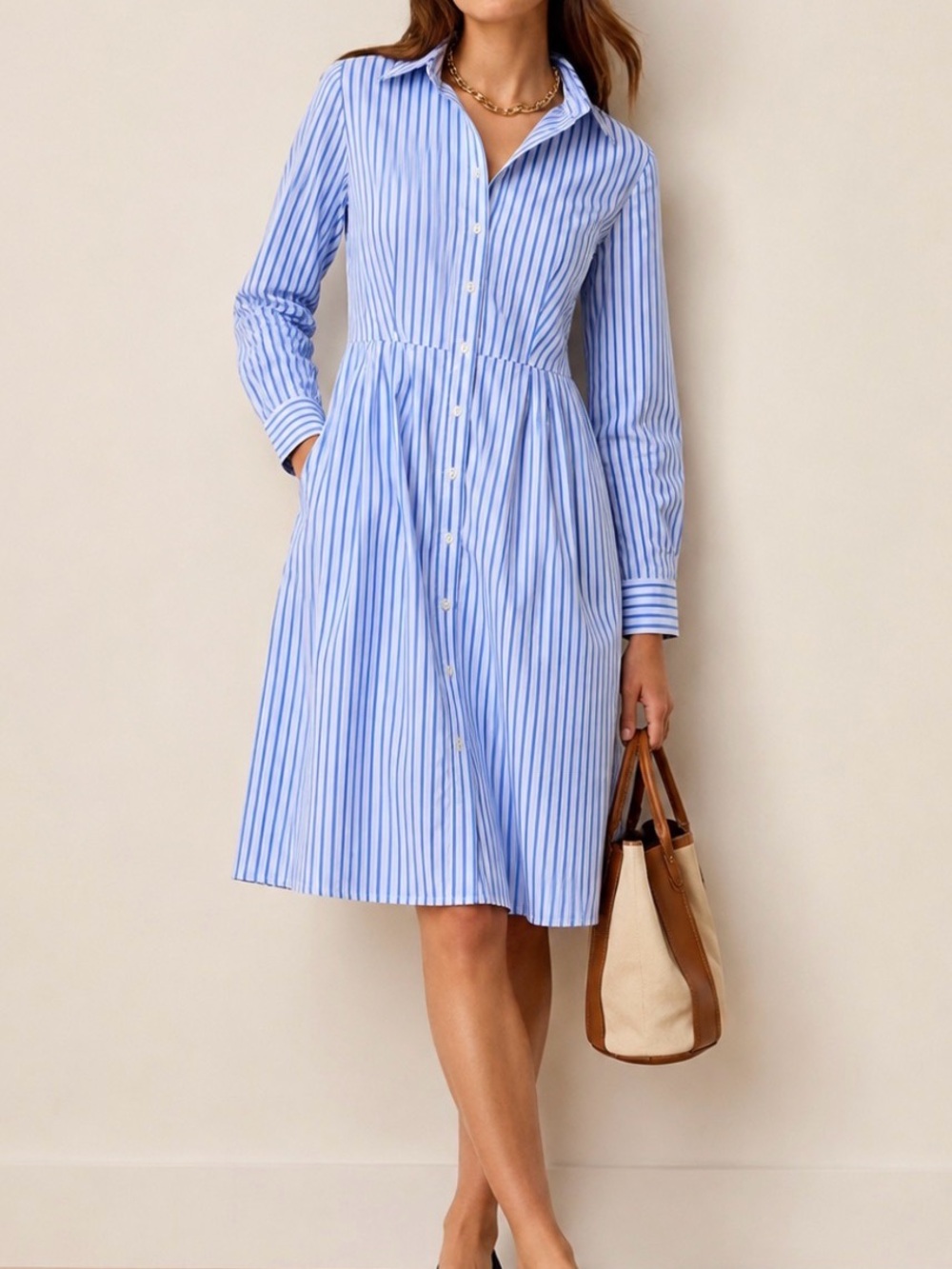 Striped Blue Button-Front Long Sleeve Shirt Dress